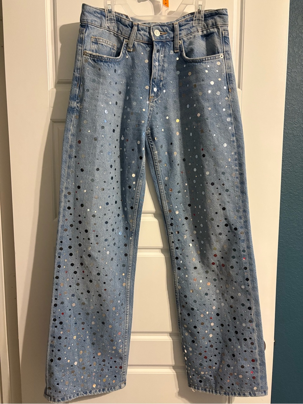 Zara Light Wash Shimmer Polka Dot Straight-Leg Jeans